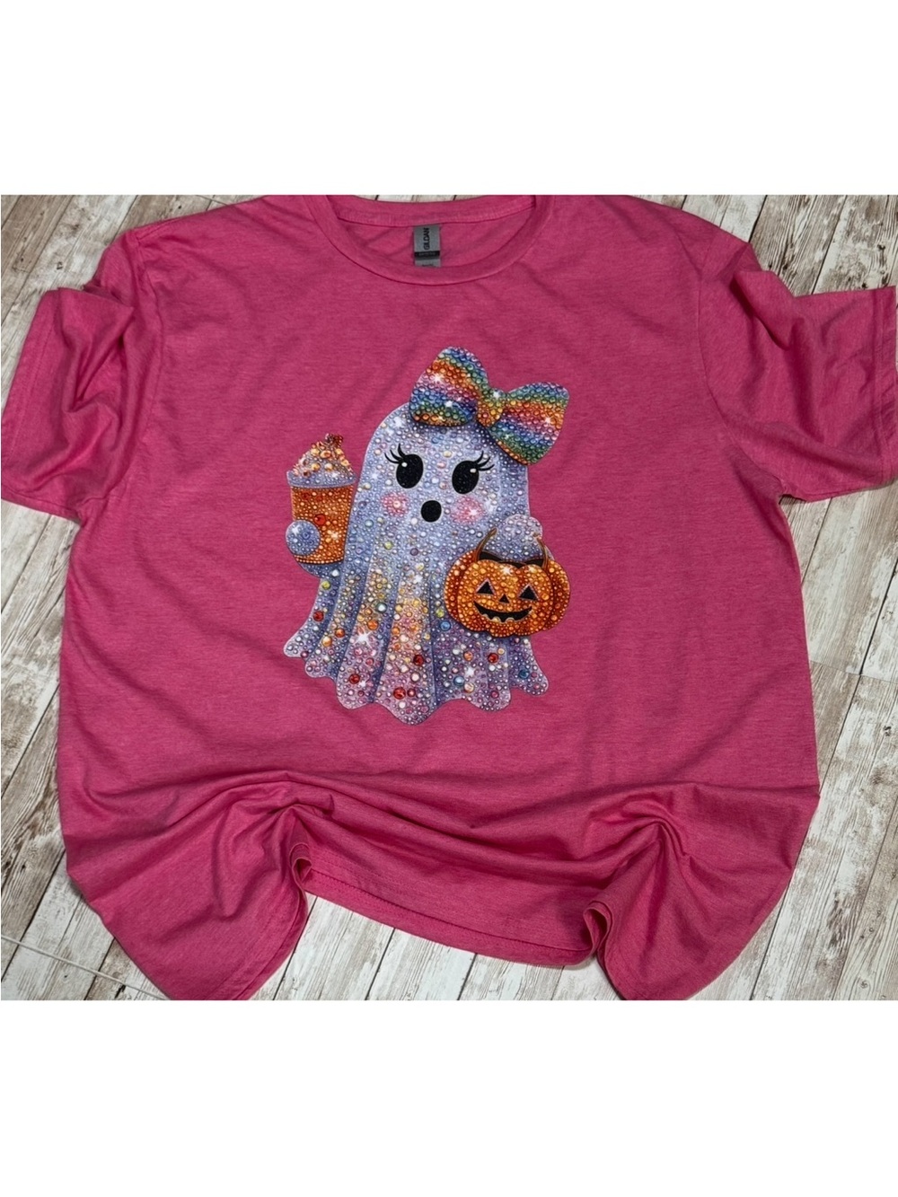 Pink Halloween Rhinestone Ghost Shirt with Rainbow Colors